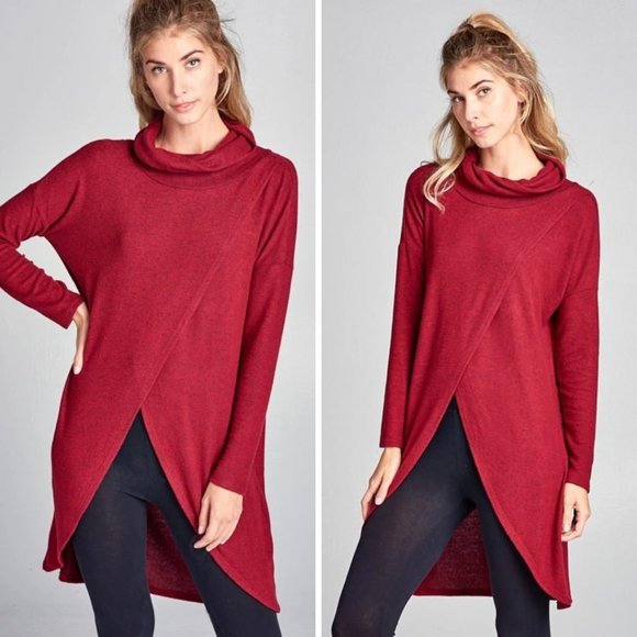 Boutique Sweaters - Hacci Brush Cowl Neck Long Blouse Top Burgundy